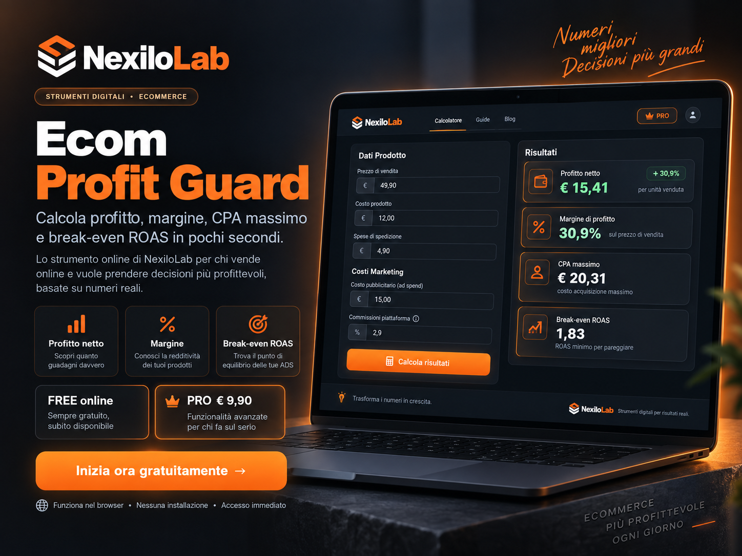 Mockup approvato di Ecom Profit Guard con schermata illustrativa del calcolatore